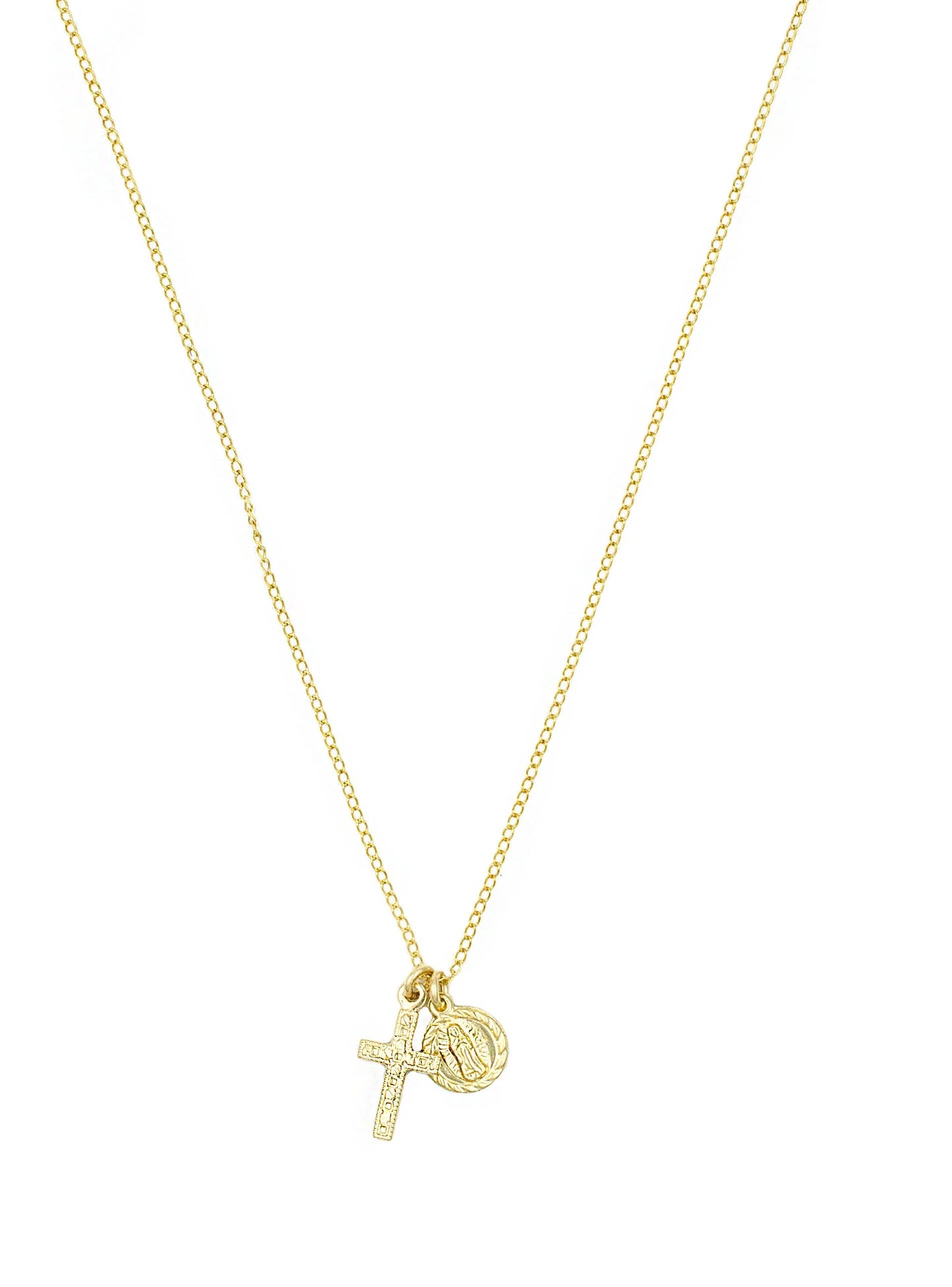 Mary + Cross Necklace: 16-18" / Gold Filled